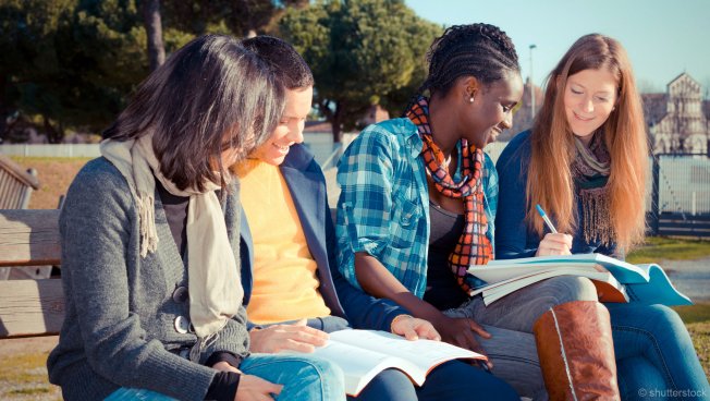 Junge Menschen lesen auf einer Parkbank